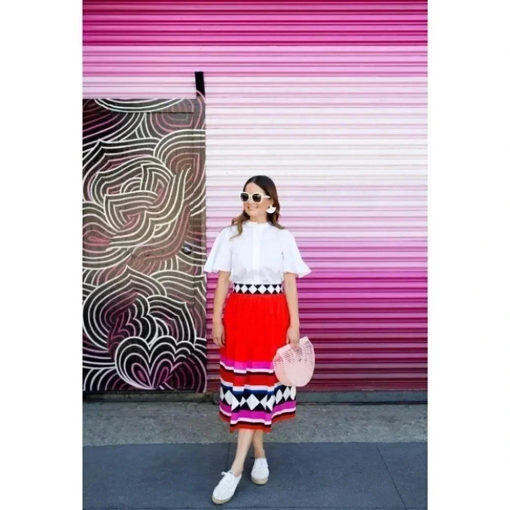 Kate Spade - Red Multi Haute Stuff Geo Border Poplin A-line Midi Skirt - Picture 5 of 9